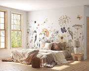 Bedroom with floral wall mural and natural light