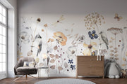 Living room with floral and bird wallpaper, furniture, and decor.