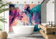Expressive teal, pink, peach and navy abstract brushstrokes — bathroom with a freestanding bath mock-up