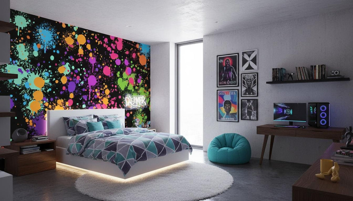 Neon Splatter wall mural with colourful paint splashes on a black background in a bedroom