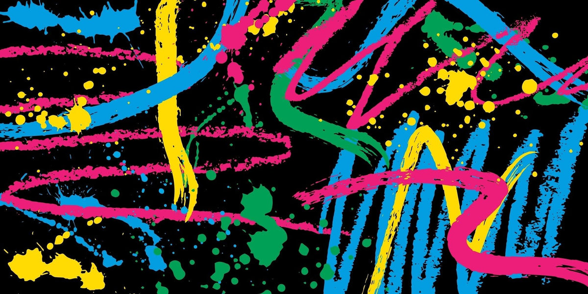 Neon Graffiti mural artwork with colourful abstract brushstrokes and paint marks on black