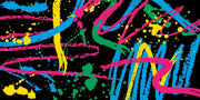 Neon Graffiti mural artwork with colourful abstract brushstrokes and paint marks on black