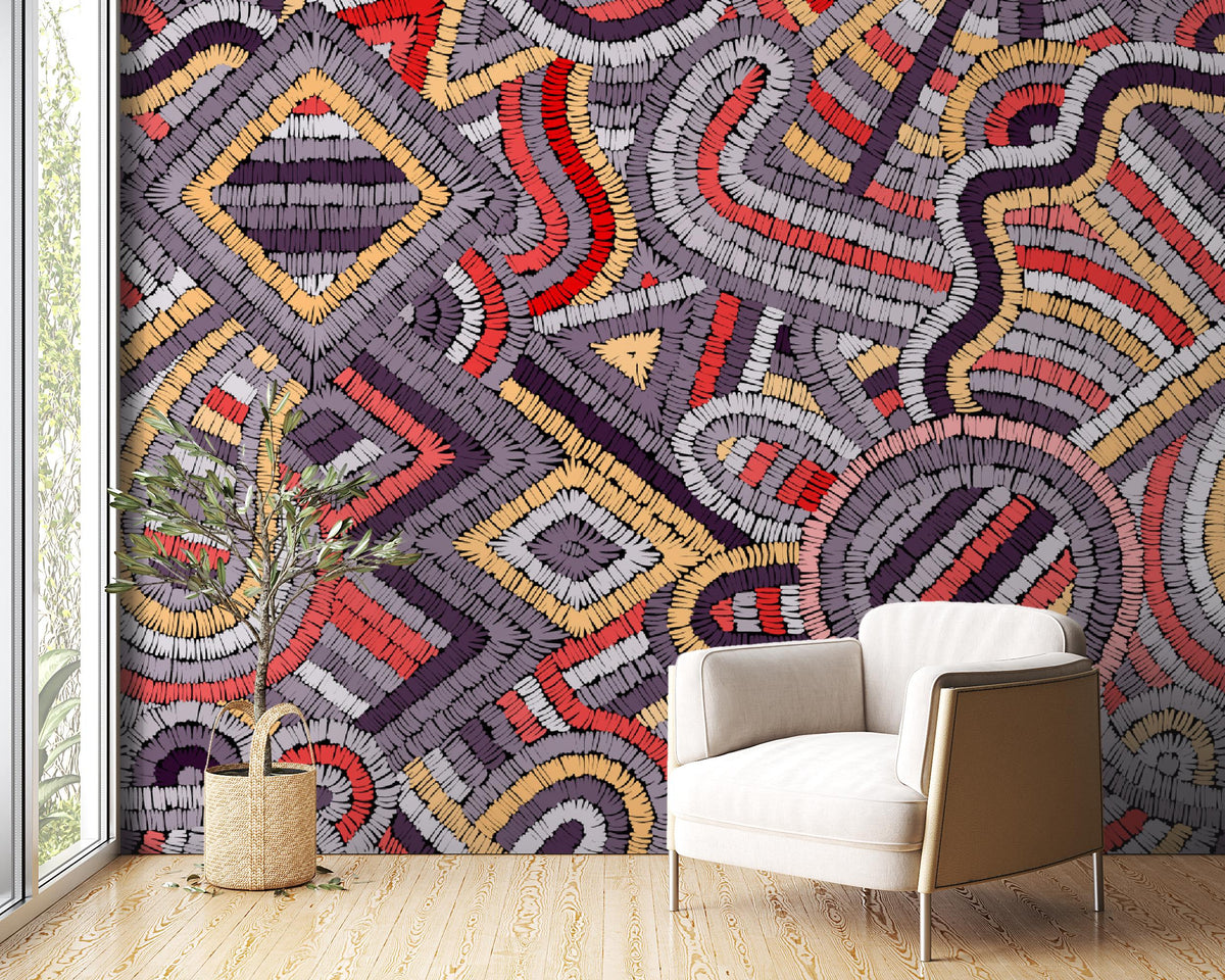 Purple Geometric Embroidery-Effect Wall Mural – room illustration 1