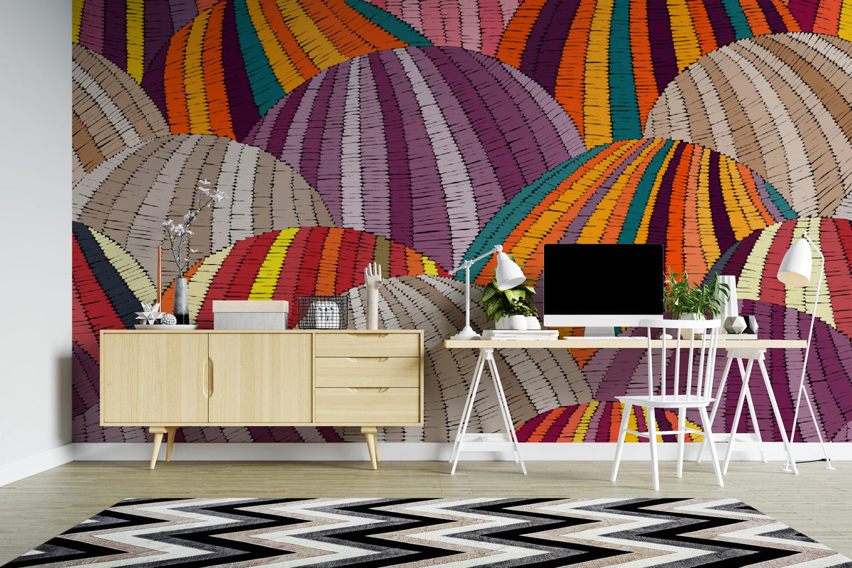 Colourful rounded hills filled with stripes and a printed embroidery effect — study with a white desk and sideboard mock-up