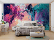Expressive teal, pink, peach and navy abstract brushstrokes — bedroom with patterned bedding mock-up