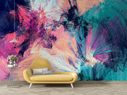 Expressive teal, pink, peach and navy abstract brushstrokes — room with a yellow chaise longue mock-up