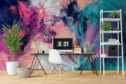 Expressive teal, pink, peach and navy abstract brushstrokes — study with a desk and shelving mock-up