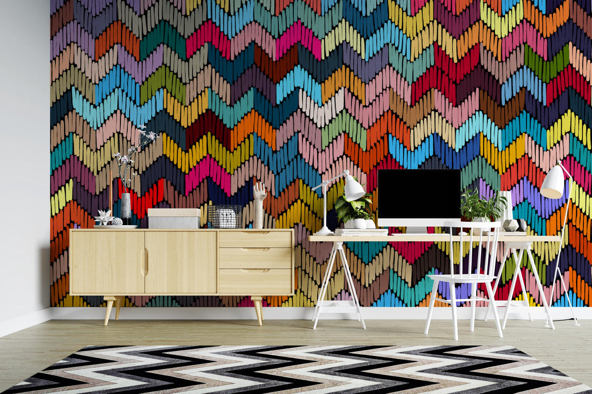 Colourful Chevron Embroidery-Effect Wall Mural – room illustration 1
