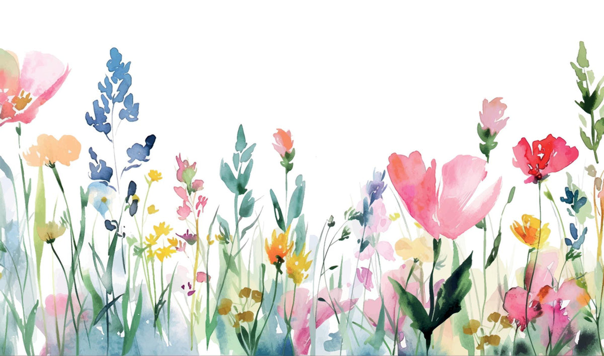 Watercolor floral border design with pastel pink, blue, yellow, orange, and green wildflowers on a white background.