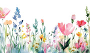 Watercolor floral border design with pastel pink, blue, yellow, orange, and green wildflowers on a white background.