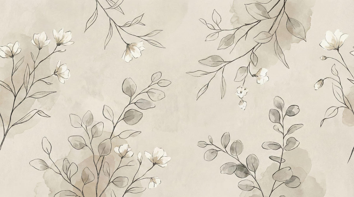 A repeating botanical pattern featuring delicate hand-drawn branches with white flowers and muted gray-green leaves on a warm beige background.