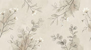 A repeating botanical pattern featuring delicate hand-drawn branches with white flowers and muted gray-green leaves on a warm beige background.
