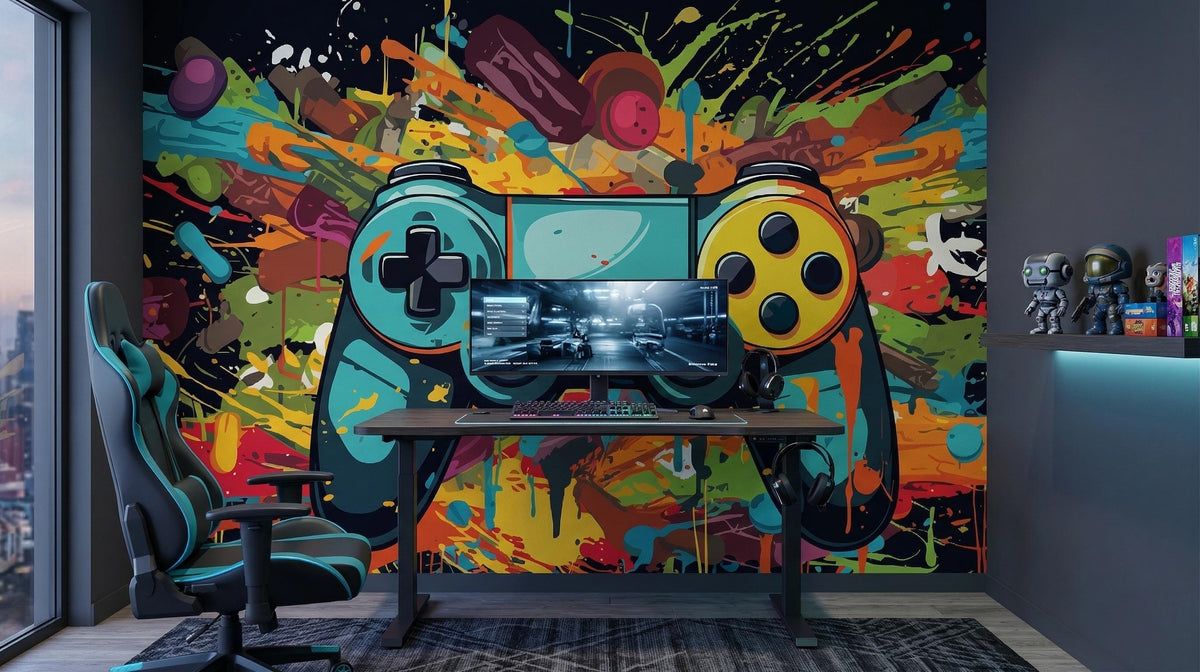 Turquoise and yellow game controller surrounded by paint splashes on black — gaming setup with monitors mock-up