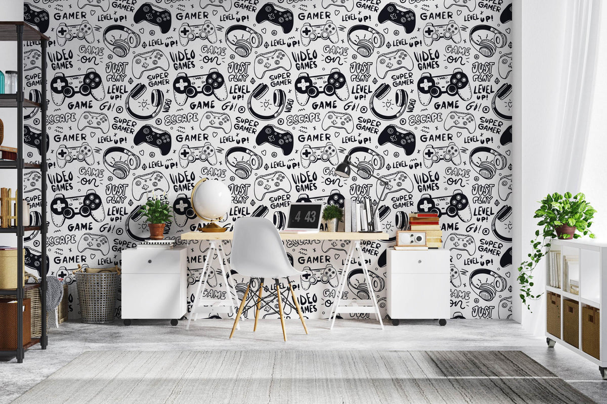 Black and white gaming doodles with controllers, headphones and lettering — study with a white desk mock-up