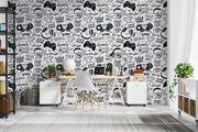 Black & White Gamer Doodle Wall Mural – room illustration
