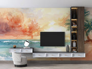 Watercolour Tropical Beach Sunset Wall Mural – living room with a television mock-up