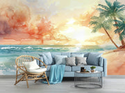 Watercolour Tropical Beach Sunset Wall Mural – living room with a blue sofa mock-up
