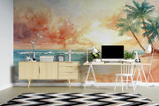 Watercolour Tropical Beach Sunset Wall Mural – home office with white desk mock-up