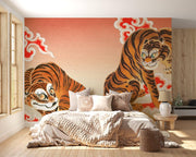 Japanese Tigers and Clouds Wall Mural – bedroom with neutral bedding mock-up