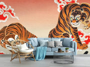 Japanese Tigers and Clouds Wall Mural – living room with a blue sofa mock-up