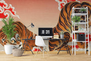 Japanese Tigers and Clouds Wall Mural – study with a plant and shelving mock-up