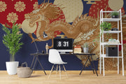 Navy and Gold Dragon Wall Mural – home office with a desk and white shelving mock-up