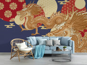 Navy and Gold Dragon Wall Mural – living room with a blue sofa mock-up