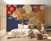 Navy and Gold Dragon Wall Mural – bedroom with a pale upholstered bed mock-up