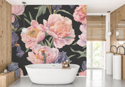 Blush Peony and Purple Iris Wall Mural – bathroom with a freestanding bath mock-up