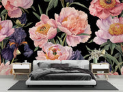 Blush Peony and Purple Iris Wall Mural – bedroom with a low grey bed mock-up