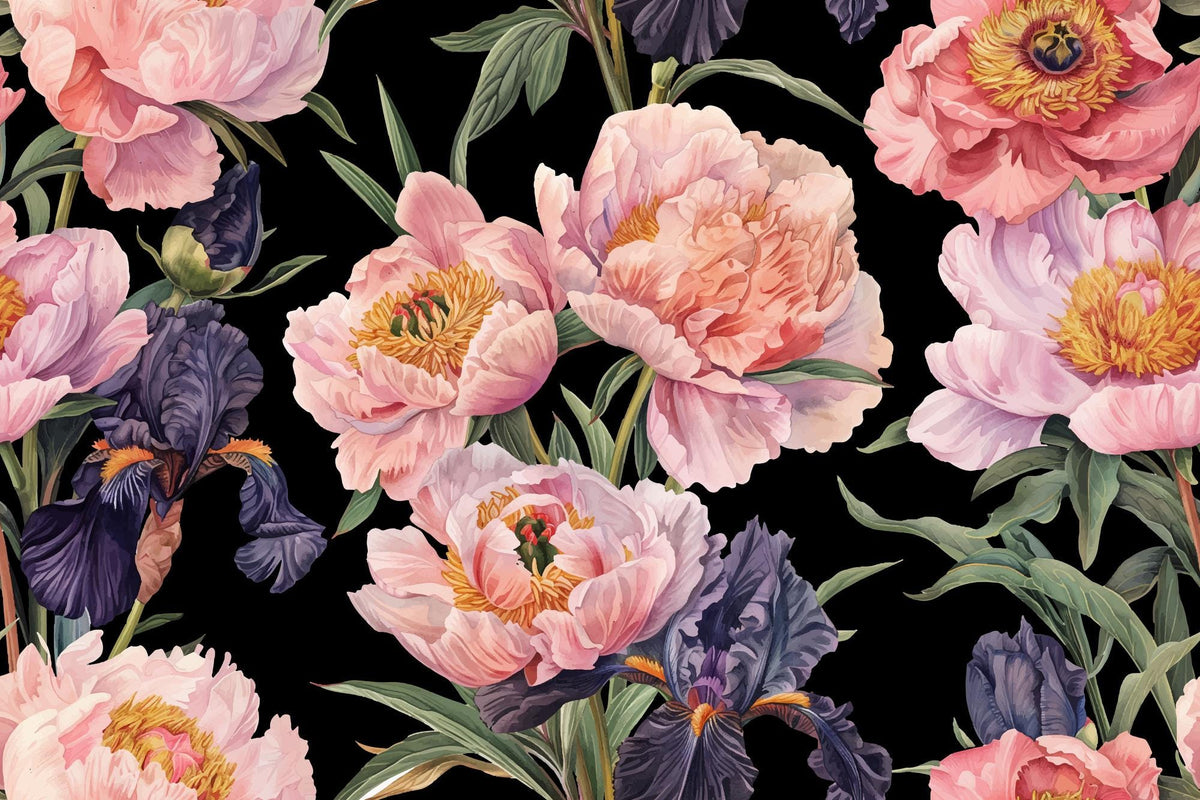 Blush Peony and Purple Iris Wall Mural – clean artwork