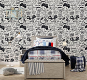 Black & White Gamer Doodle Wall Mural – room illustration