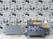 Black & White Gamer Doodle Wall Mural – room illustration