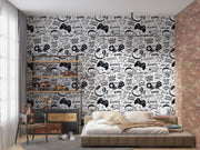 Black & White Gamer Doodle Wall Mural – room illustration