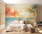 Watercolour Tropical Beach Sunset Wall Mural – bedroom with neutral bedding mock-up