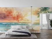 Watercolour Tropical Beach Sunset Wall Mural – bedroom with grey bedding mock-up