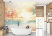 Watercolour Tropical Beach Sunset Wall Mural – bathroom with a freestanding bath mock-up