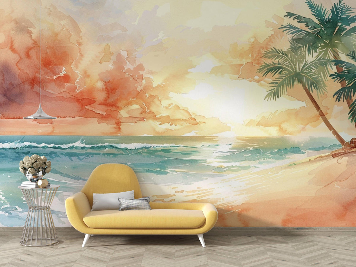 Watercolour Tropical Beach Sunset Wall Mural – room with a yellow sofa mock-up
