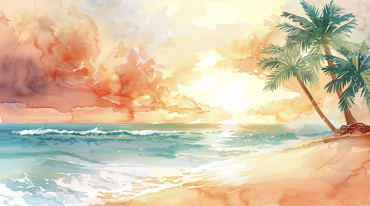 Watercolour Tropical Beach Sunset Wall Mural – clean watercolour beach artwork