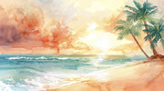 Watercolour Tropical Beach Sunset Wall Mural – clean watercolour beach artwork