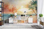 Watercolour Tropical Beach Sunset Wall Mural – study with white chairs mock-up