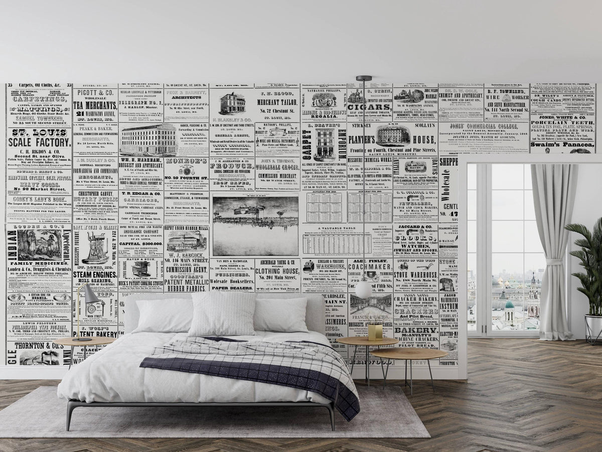 Monochrome collage of vintage newspaper advertisements and illustrated notices — bedroom with grey bedding mock-up