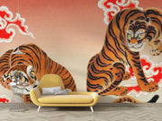 Japanese Tigers and Clouds Wall Mural – room with a yellow sofa mock-up