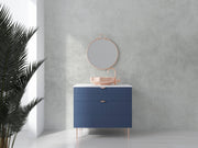Light Grey Limewash-Effect Wall Mural – interior with a blue chest and round mirror mock-up