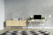 Light Grey Limewash-Effect Wall Mural – workspace with pale wood furniture and a geometric rug mock-up