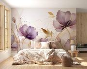Lavender and Ochre Watercolour Floral Wall Mural – bedroom with a pale upholstered bed mock-up