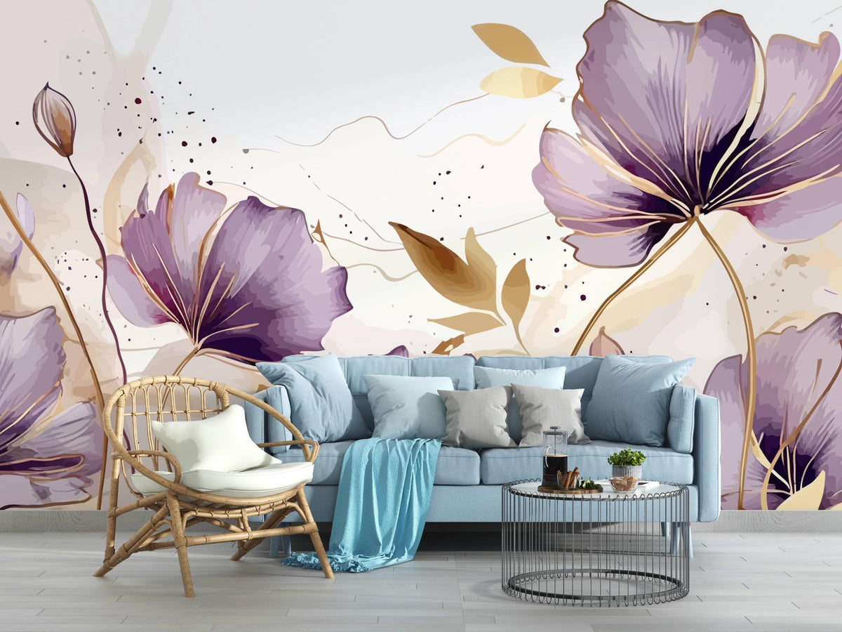 Lavender and Ochre Watercolour Floral Wall Mural – living room with a blue sofa mock-up