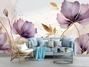 Lavender and Ochre Watercolour Floral Wall Mural – living room with a blue sofa mock-up