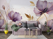 Lavender and Ochre Watercolour Floral Wall Mural – living room with a mauve sofa mock-up