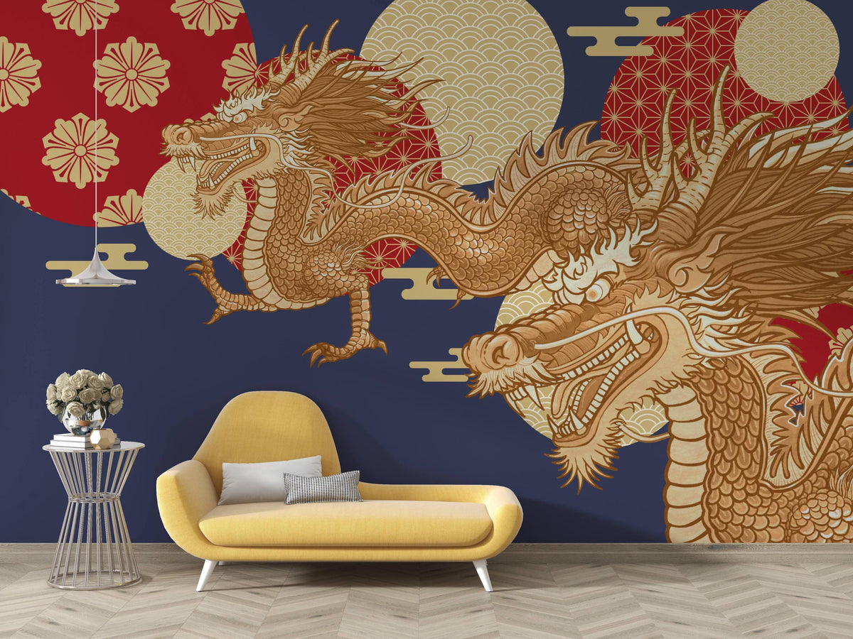 Navy and Gold Dragon Wall Mural – room with a yellow chaise longue mock-up